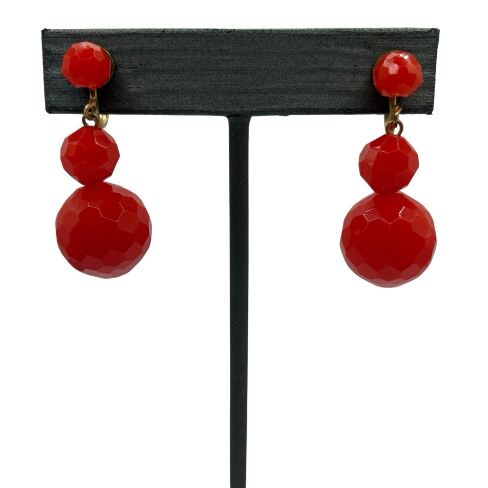 Cherry Red Faceted Bead Earrings Screw‎ Back MCM Drop Dangle VTG 50's Plastic